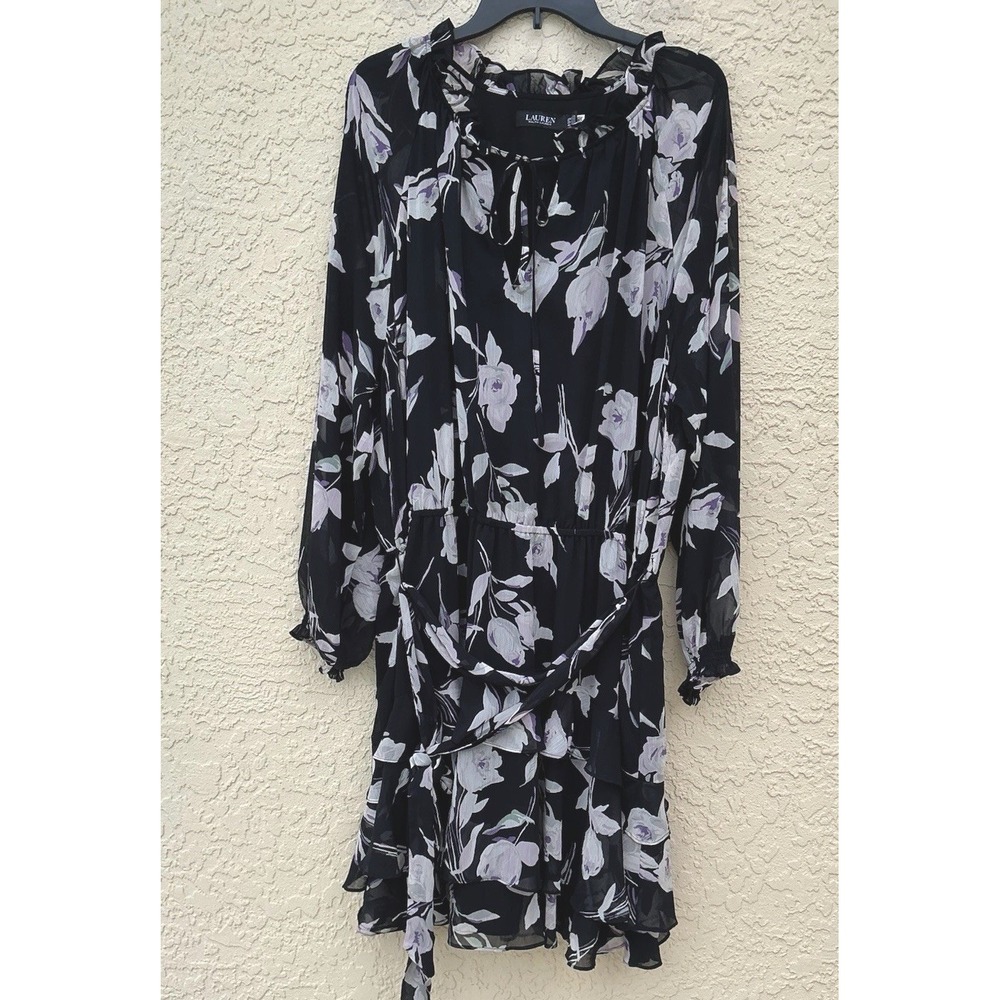 Lauren Ralph Lauren 22W Black Floral Dress Tie Belt Elastic Waist Ruffle Knee